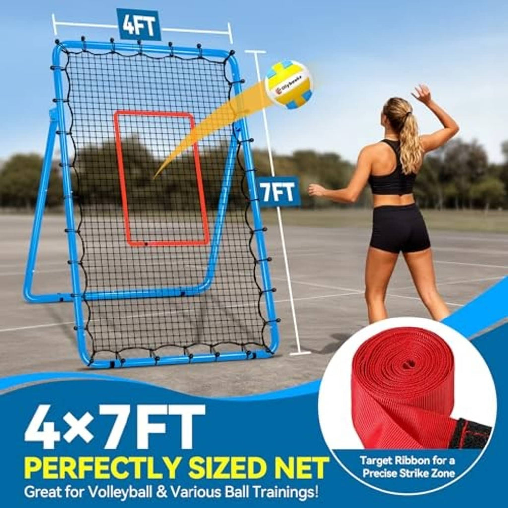 Blue volleyball rebounder net with red target box and 4x7ft size label