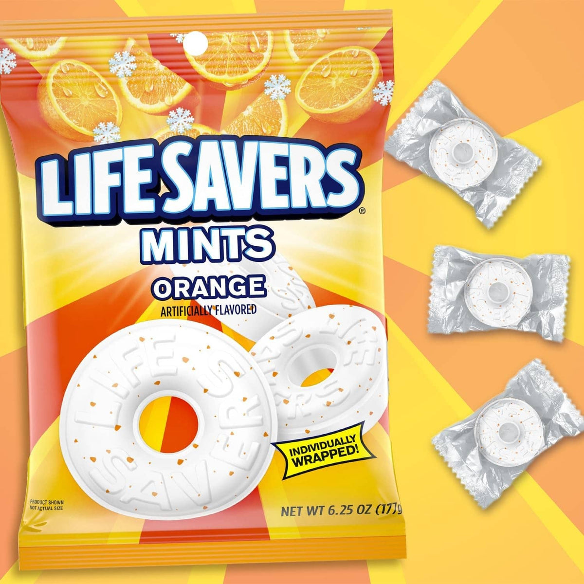 Orange-flavored mint candy bag and three individually wrapped donut mints