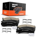 Ceramic front brake pads set with four dark gray pads and mounting hardware