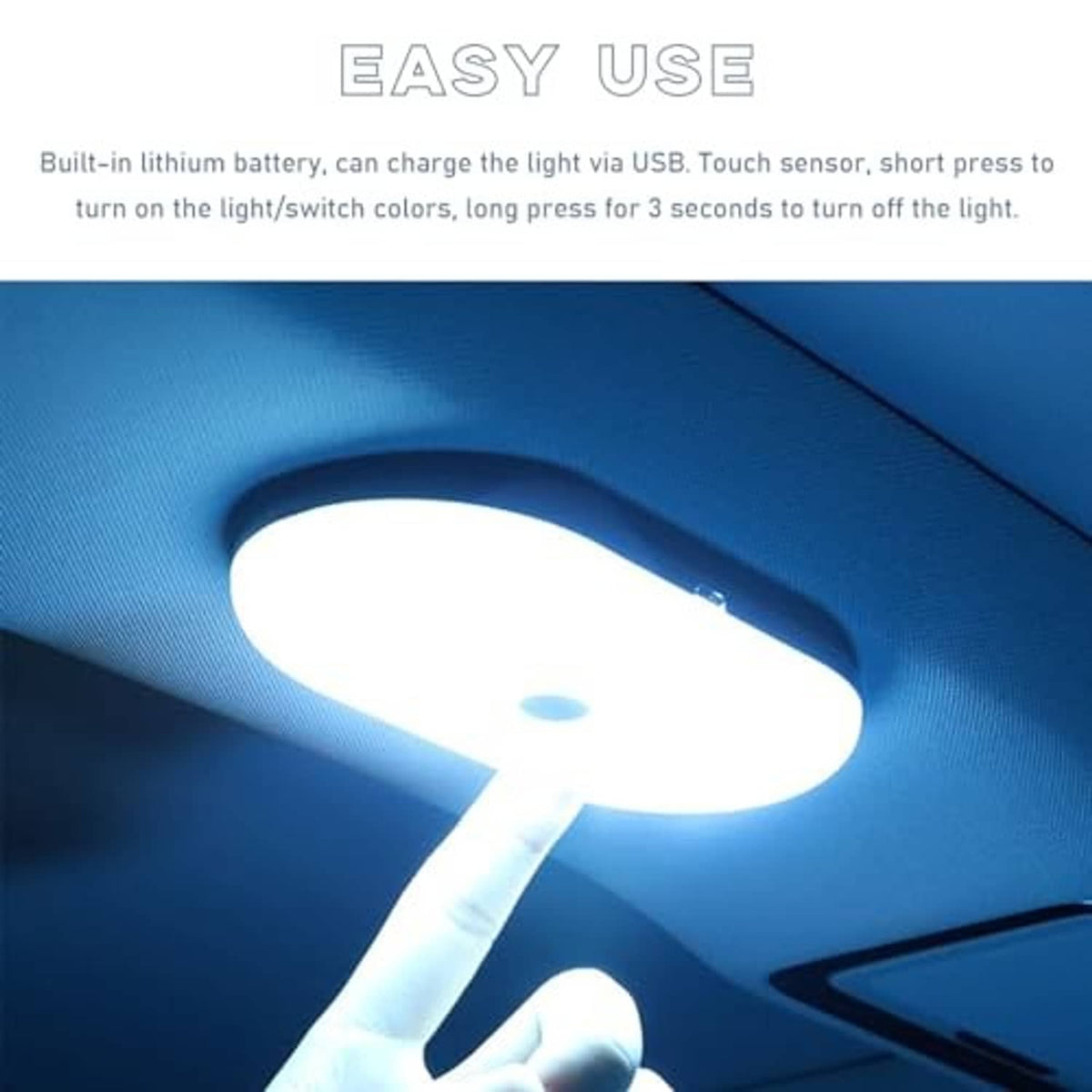 White LED dome light casting bright glow on car ceiling, compact oval fixture.
