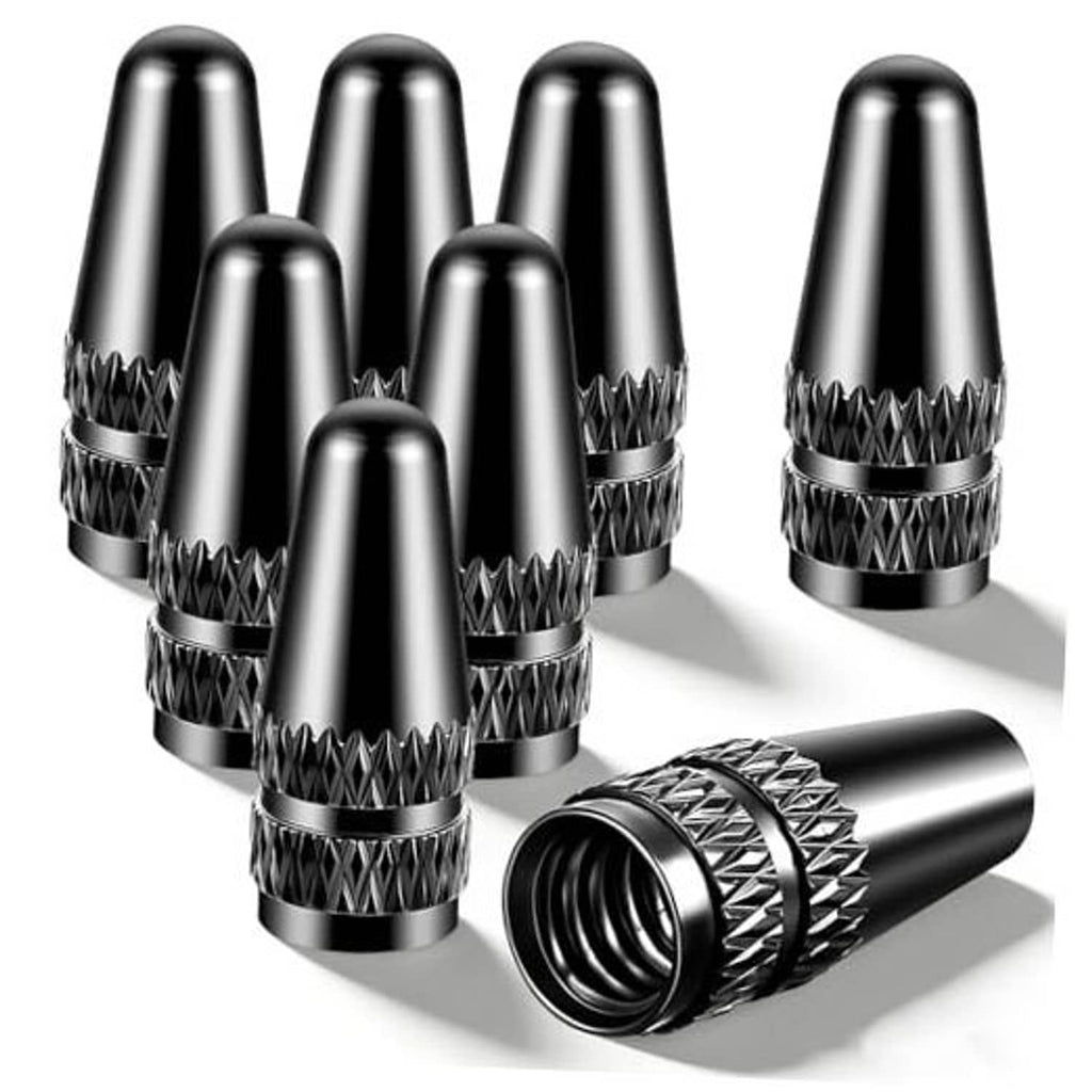 8-pack black anodized aluminum Presta valve caps with knurled side grip