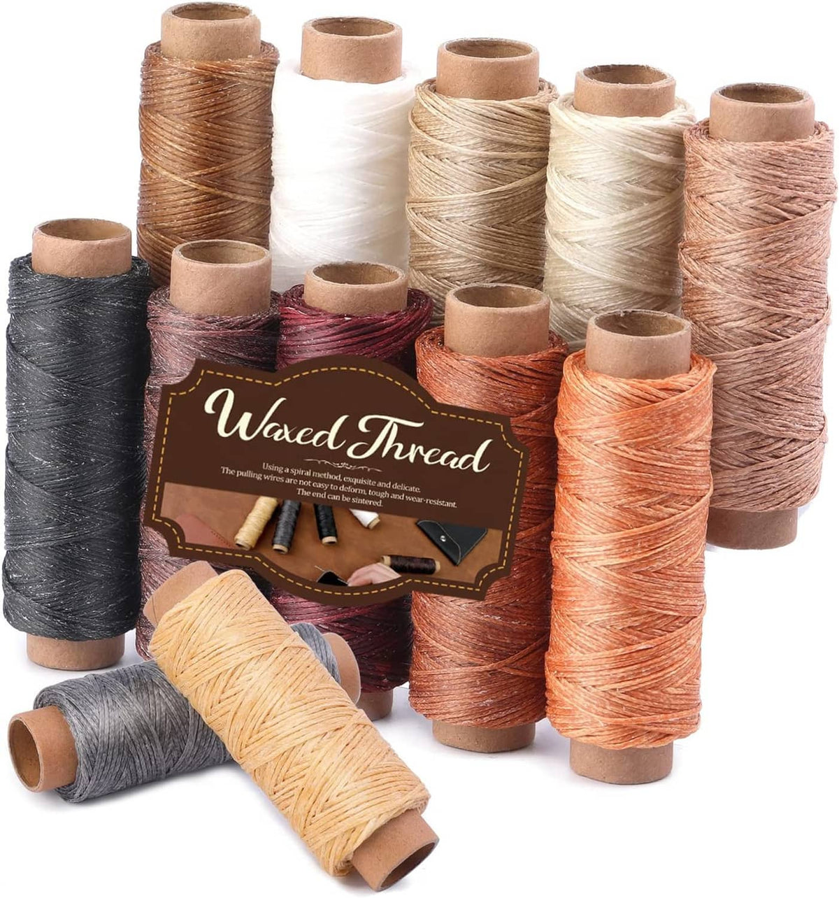 Waxed leather sewing thread spool set with dark gray, tan, and warm brown shades