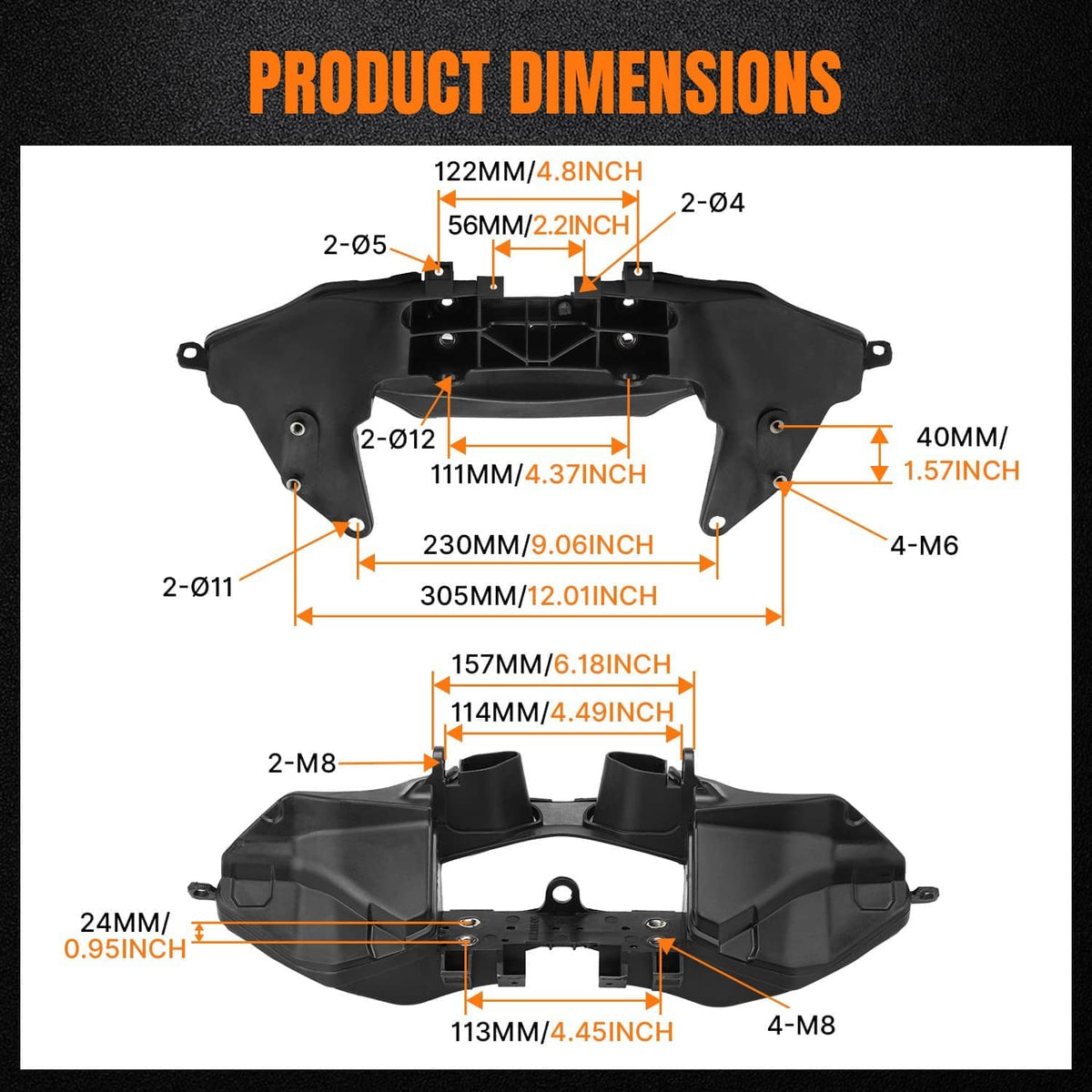 Black ABS headlight bracket product dimensions diagram with labeled measurement marks