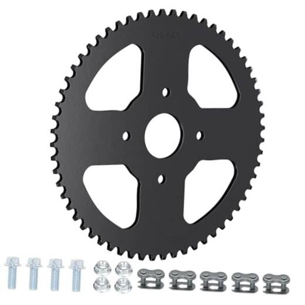 Black 60-tooth 420 sprocket with mounting bolts and nuts