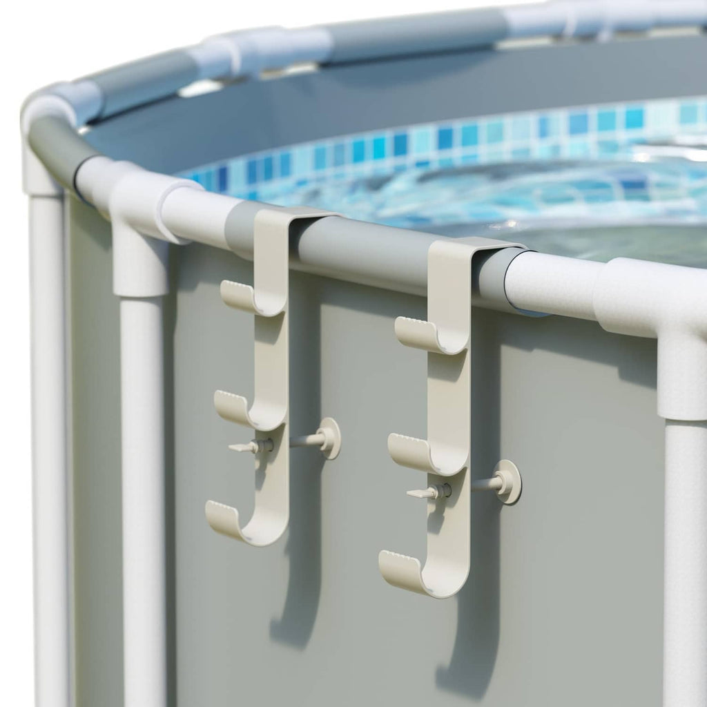 Three-hook pool pole hanger with white hooks mounted on a pool rail