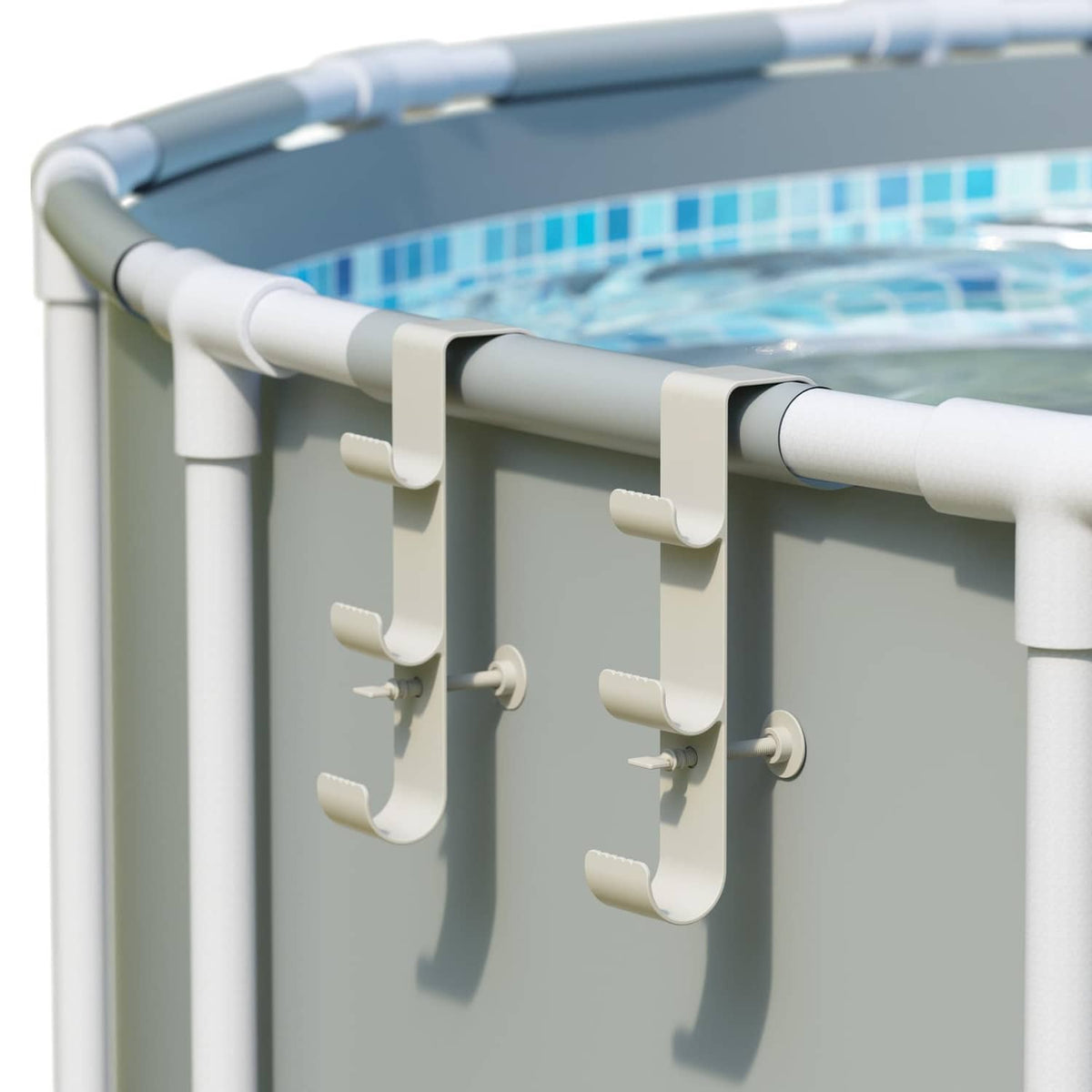 Three-hook pool pole hanger with white hooks mounted on a pool rail