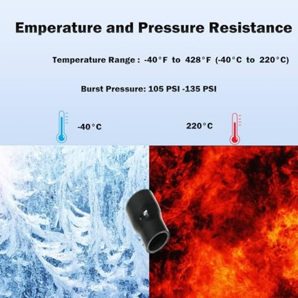 Black silicone straight reducer fitting, temperature and pressure resistance info.