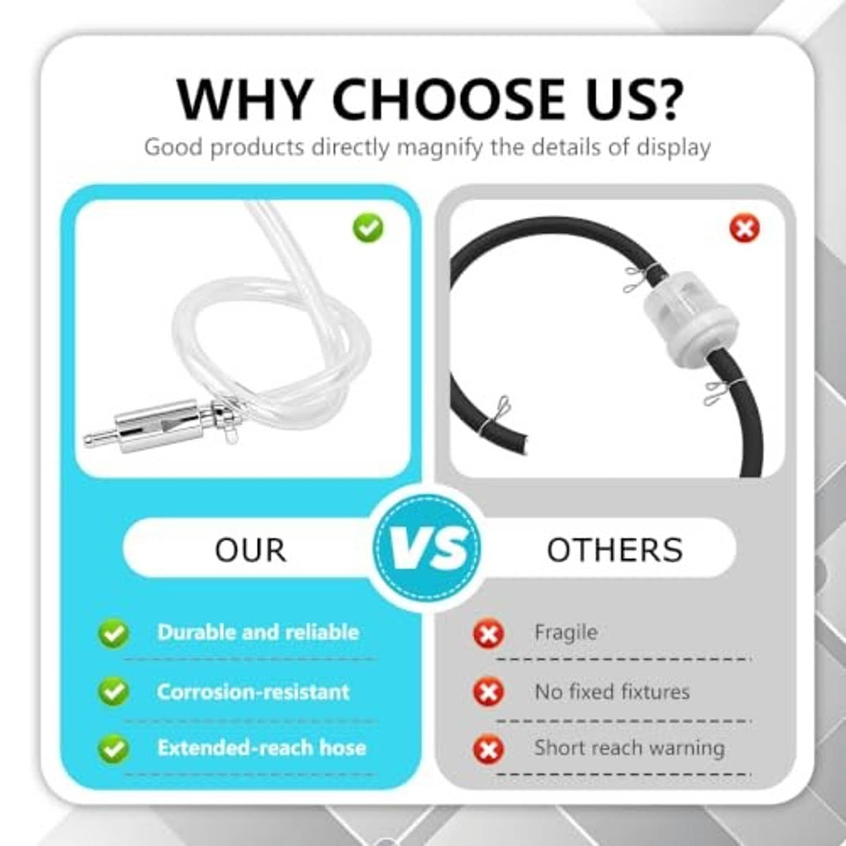 Brake bleeder hose kit comparison graphic showing valve tool and clear hoses