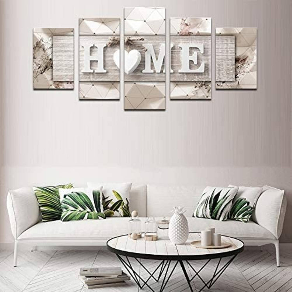 Set of canvas wall panels spelling "HOME" with heart, beige and gray marble-style graphics