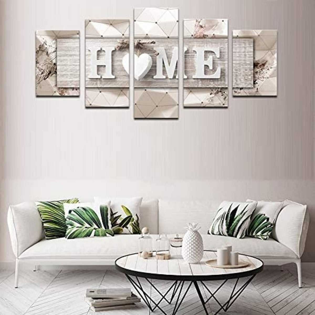 Set of canvas wall panels spelling "HOME" with heart, beige and gray marble-style graphics