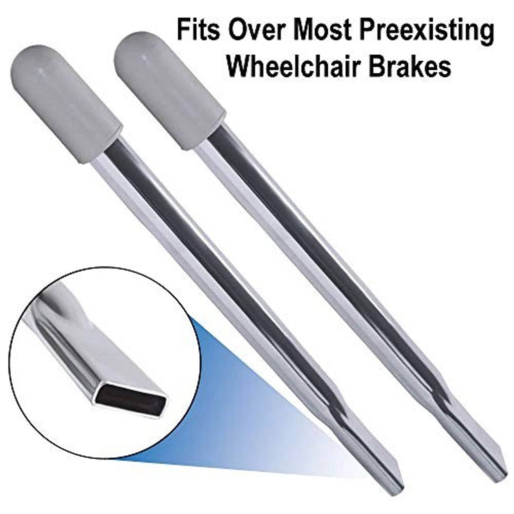 Two wheelchair brake handle extensions with gray grips and black end tips