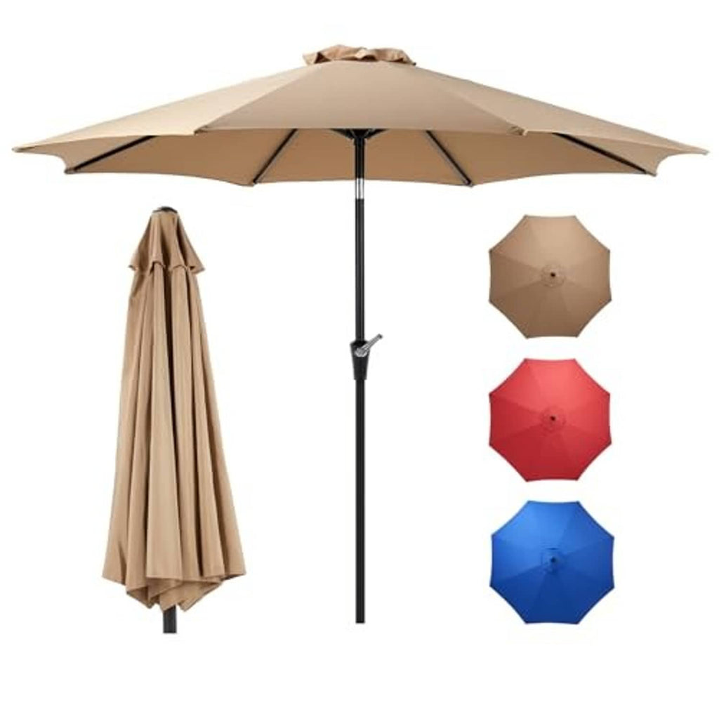 Tan patio umbrella with black crank pole and open canopy; includes folded cover and color swatches