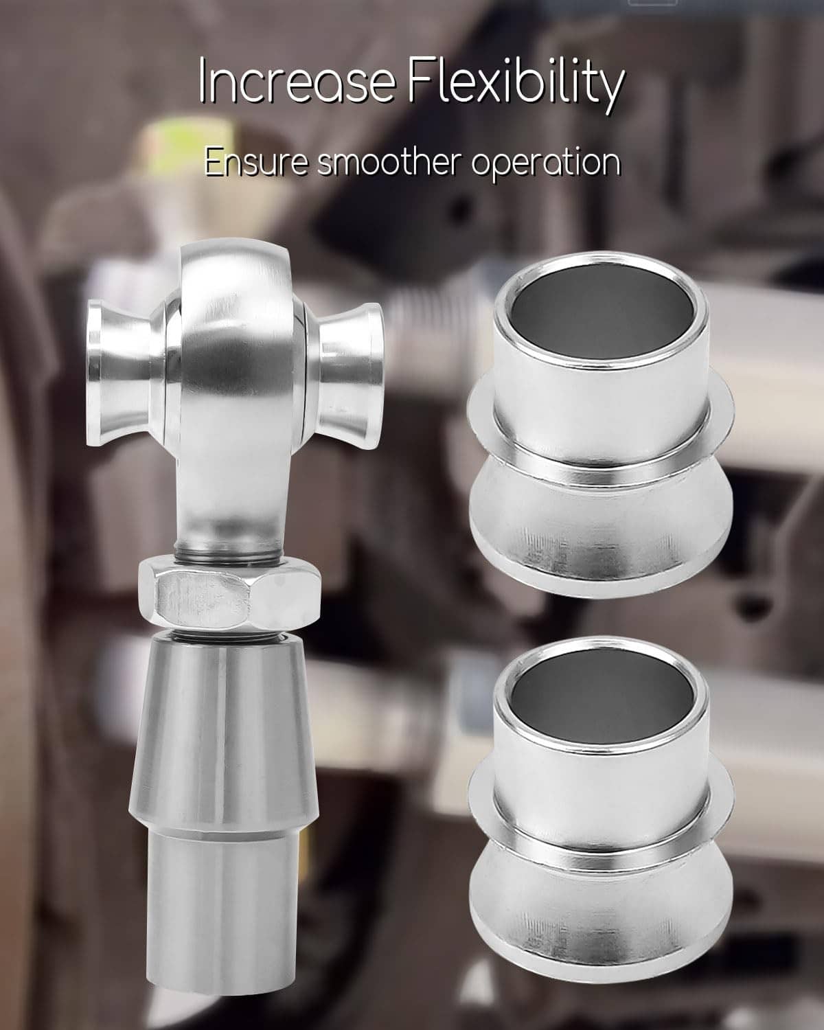 Steel rod end misalignment spacers installed, chrome silver, flexible alignment