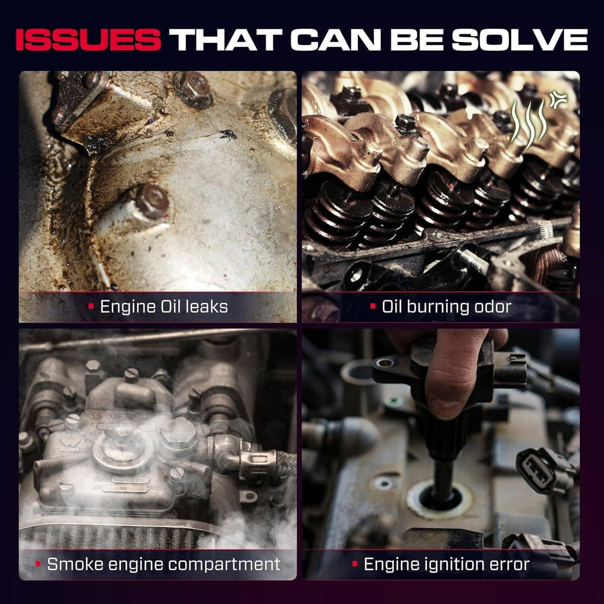 Aluminum valve cover with oil-stained surface and visible engine gasket area