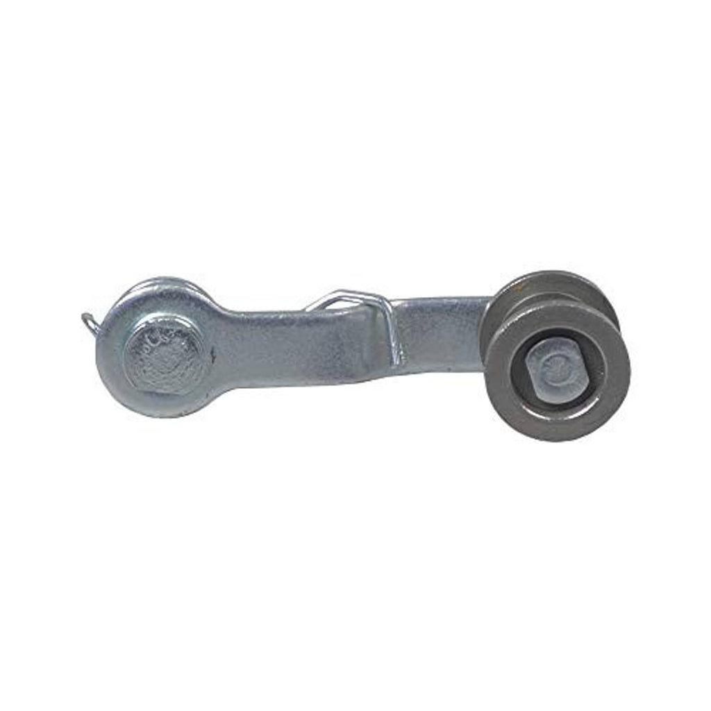 Chain tensioner with circular end cap and hex bolt, silver-gray metal.