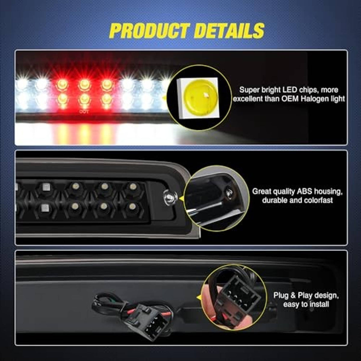 Third brake light LED strip showing red and white LEDs behind smoked lens