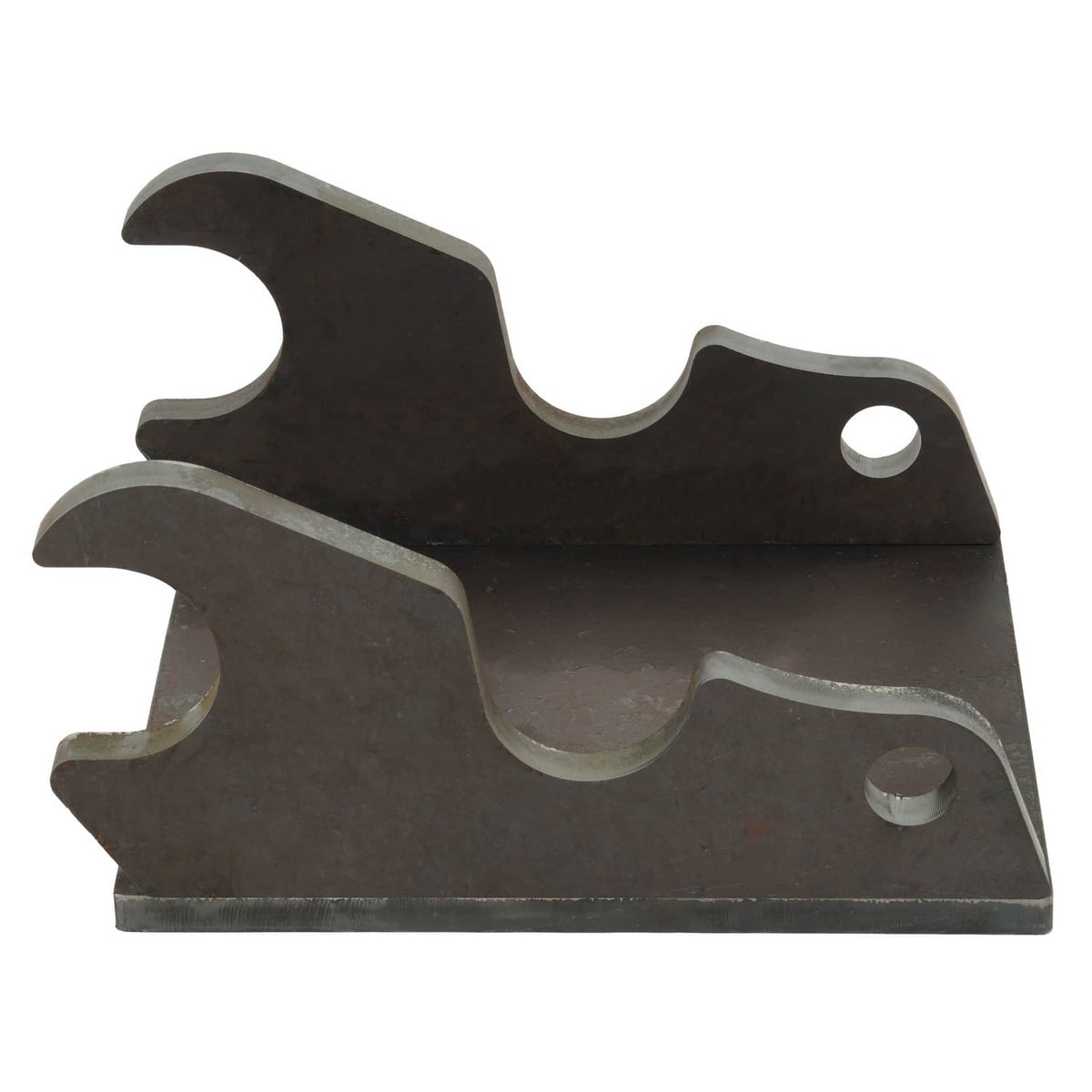 Two dark steel bucket bracket plates stacked, each with curved fork and round mounting holes