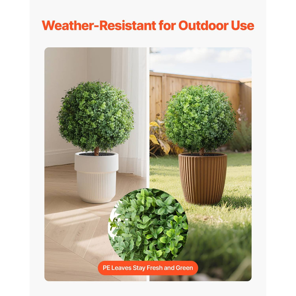 Artificial topiary trees with rounded green foliage in pots with dark ground spikes