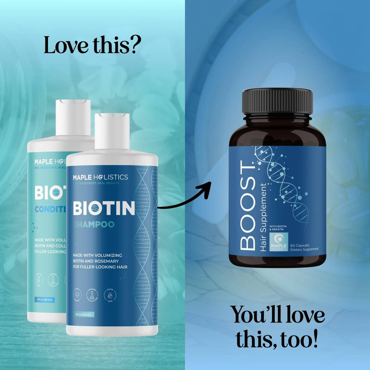 Two Biotin bottles plus a brown hair supplement bottle