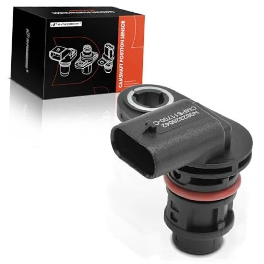 Camshaft position sensor with gray connector, black body, and orange sealing ring.