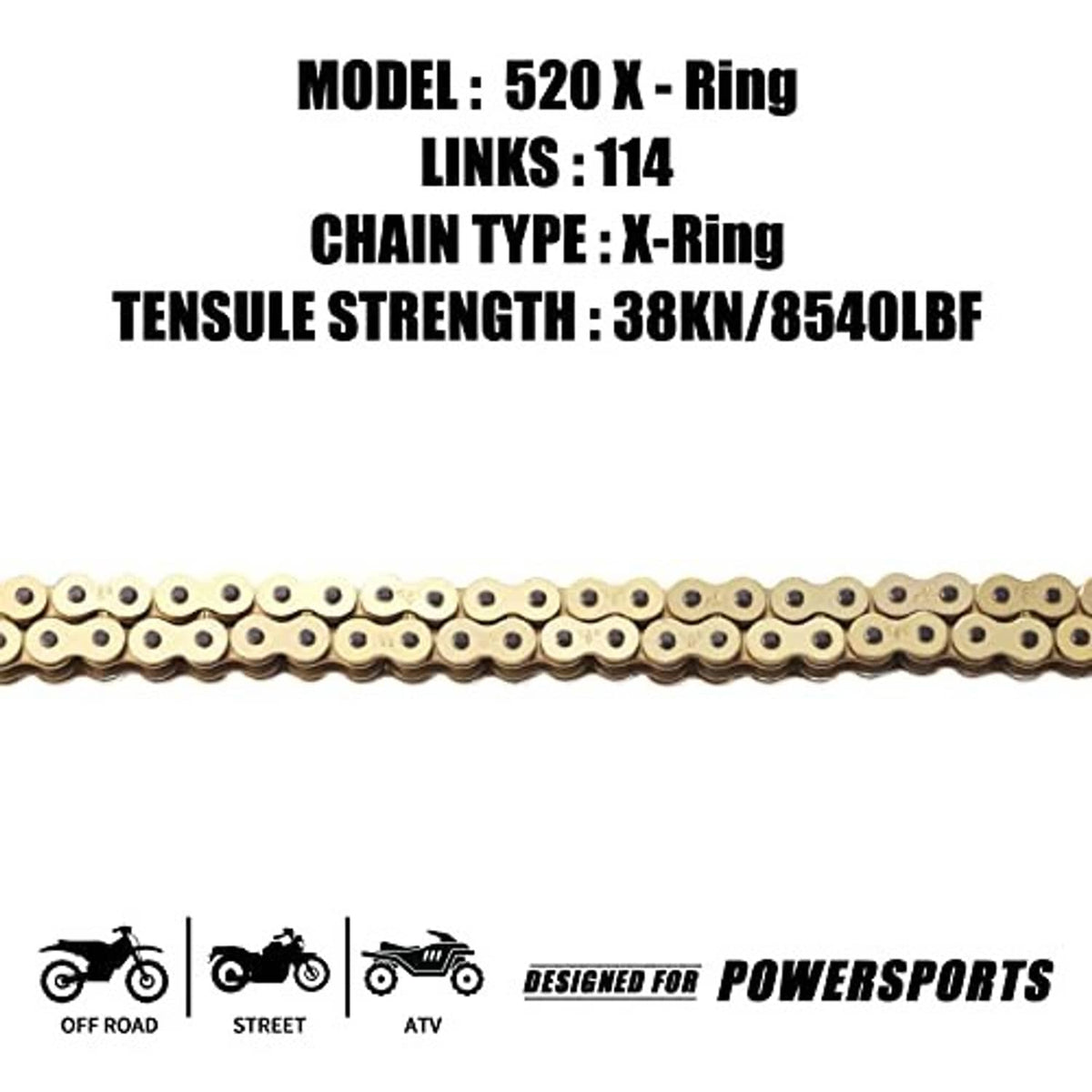 Gold X-ring chain with spec markings and model/links text on white background