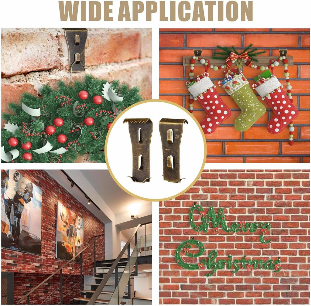 Bronze brick clips holding Christmas stockings on a red brick wall