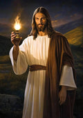 Diamond painting kit featuring Jesus holding a lantern, white robe and brown cloak