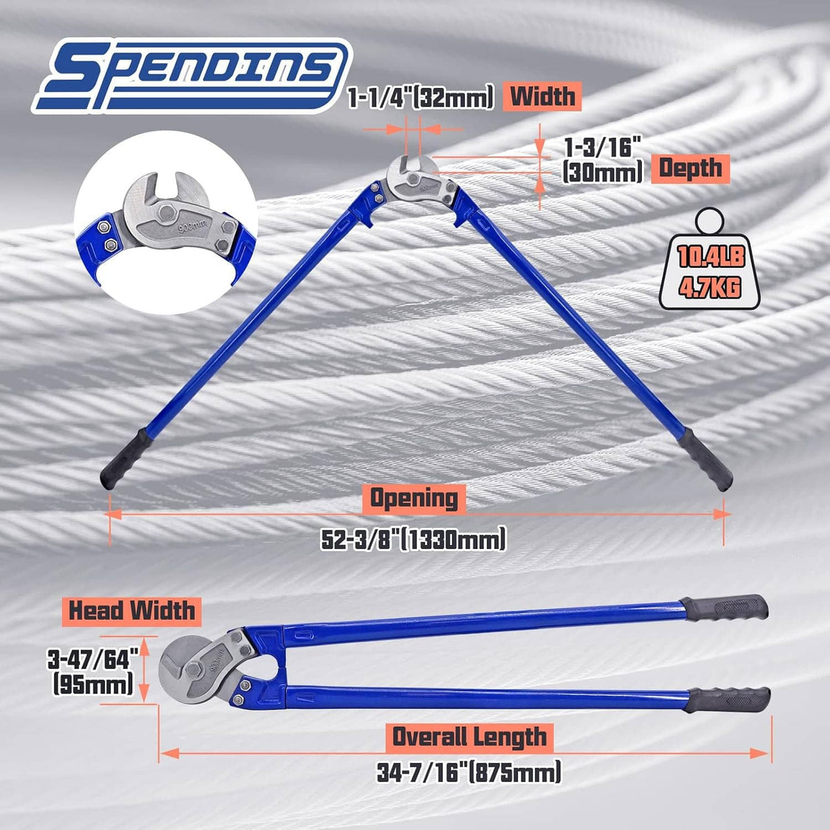Blue wire rope cutter with long tubular handles, showing size labels and cutting head.
