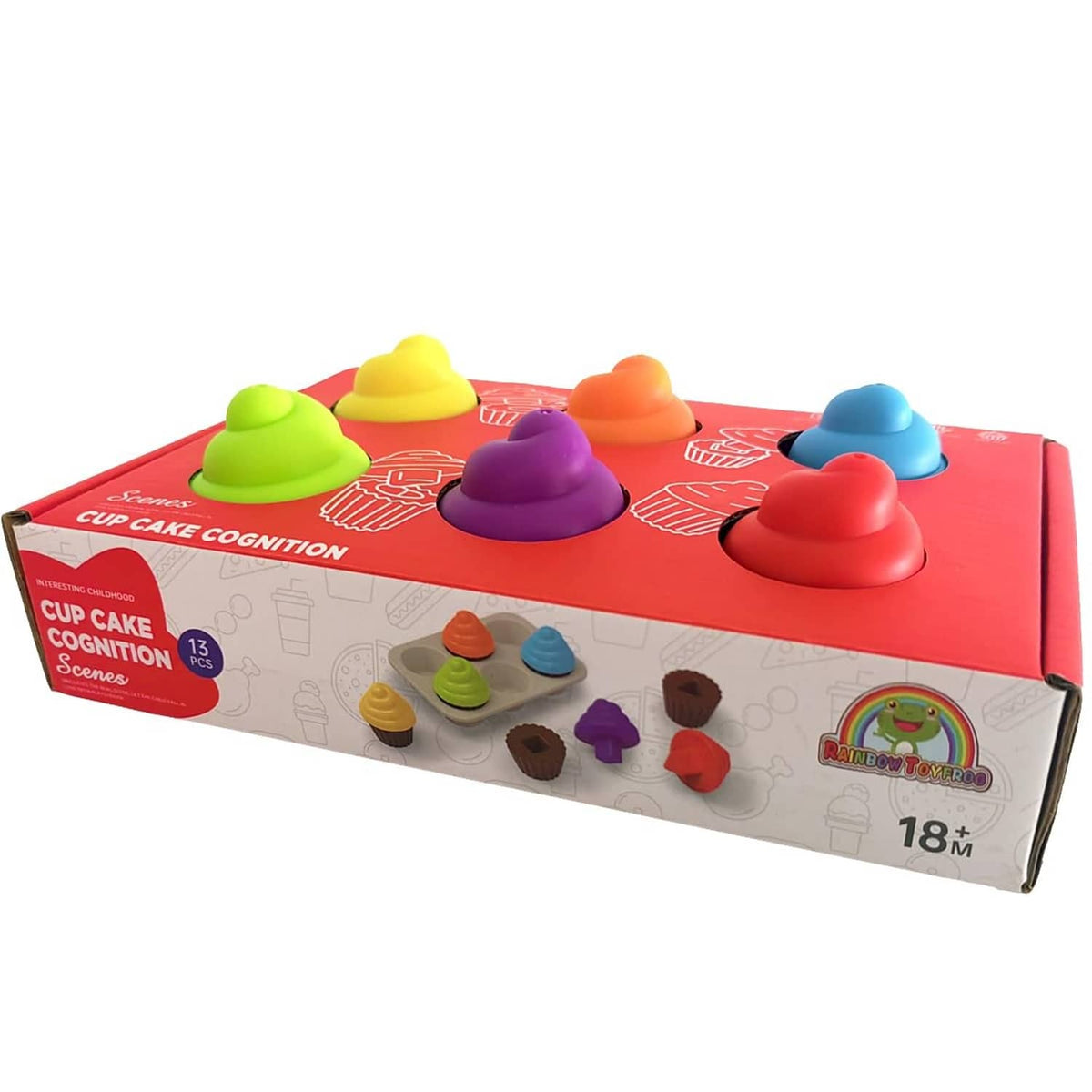 Red cupcake cognition toy box with colorful cupcake pieces on top
