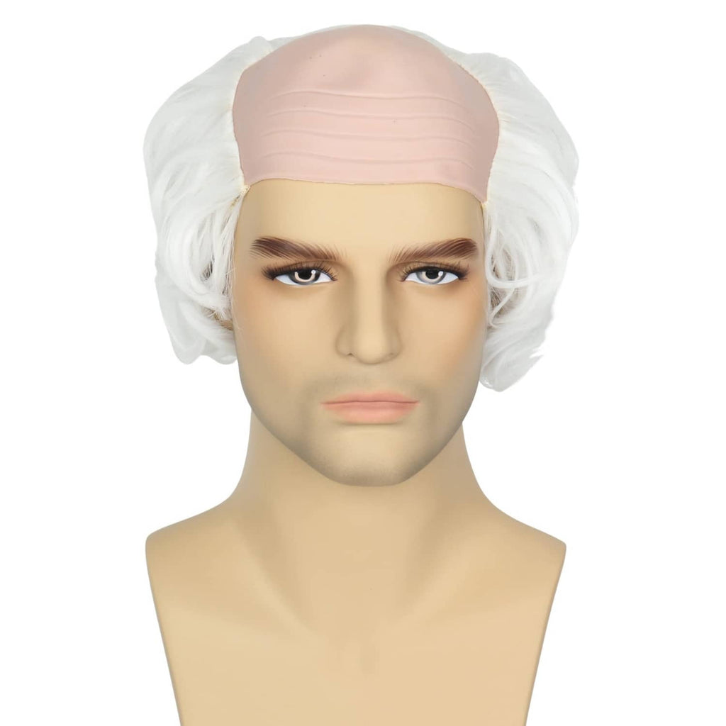 White wavy wig with light flesh-toned bald cap, front view on mannequin head