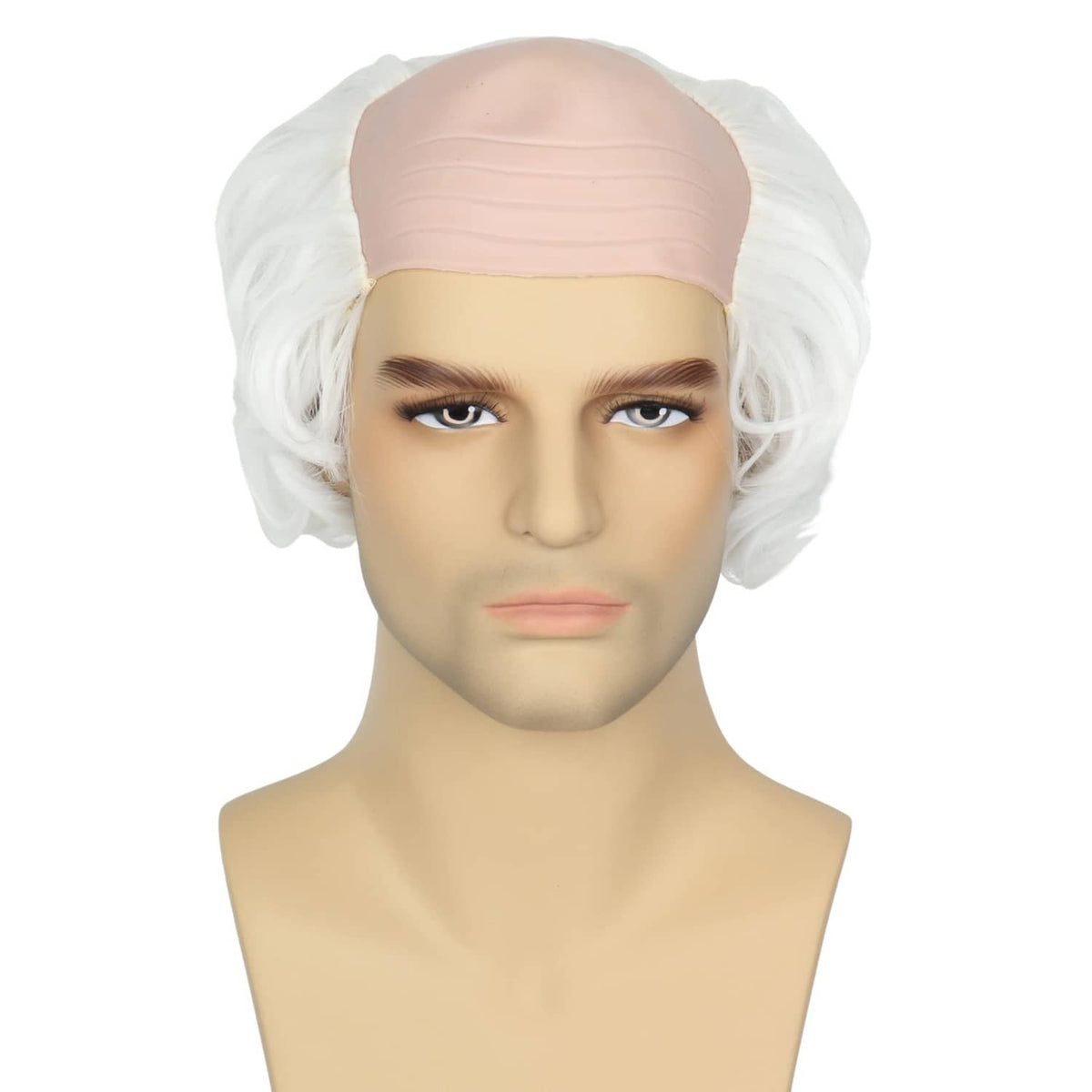 White wavy wig with light flesh-toned bald cap, front view on mannequin head