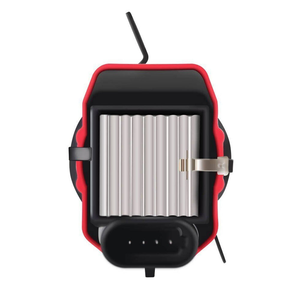 Ignition coil module with red and black housing, vertical heat-sink fins, connector pins