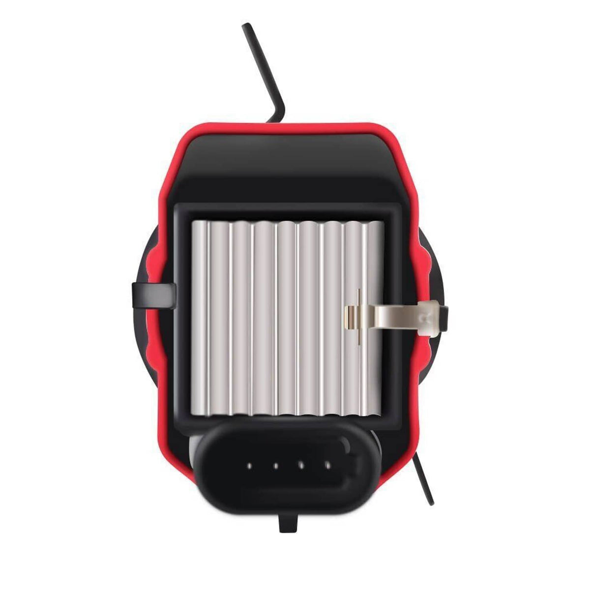 Ignition coil module with red and black housing, vertical heat-sink fins, connector pins