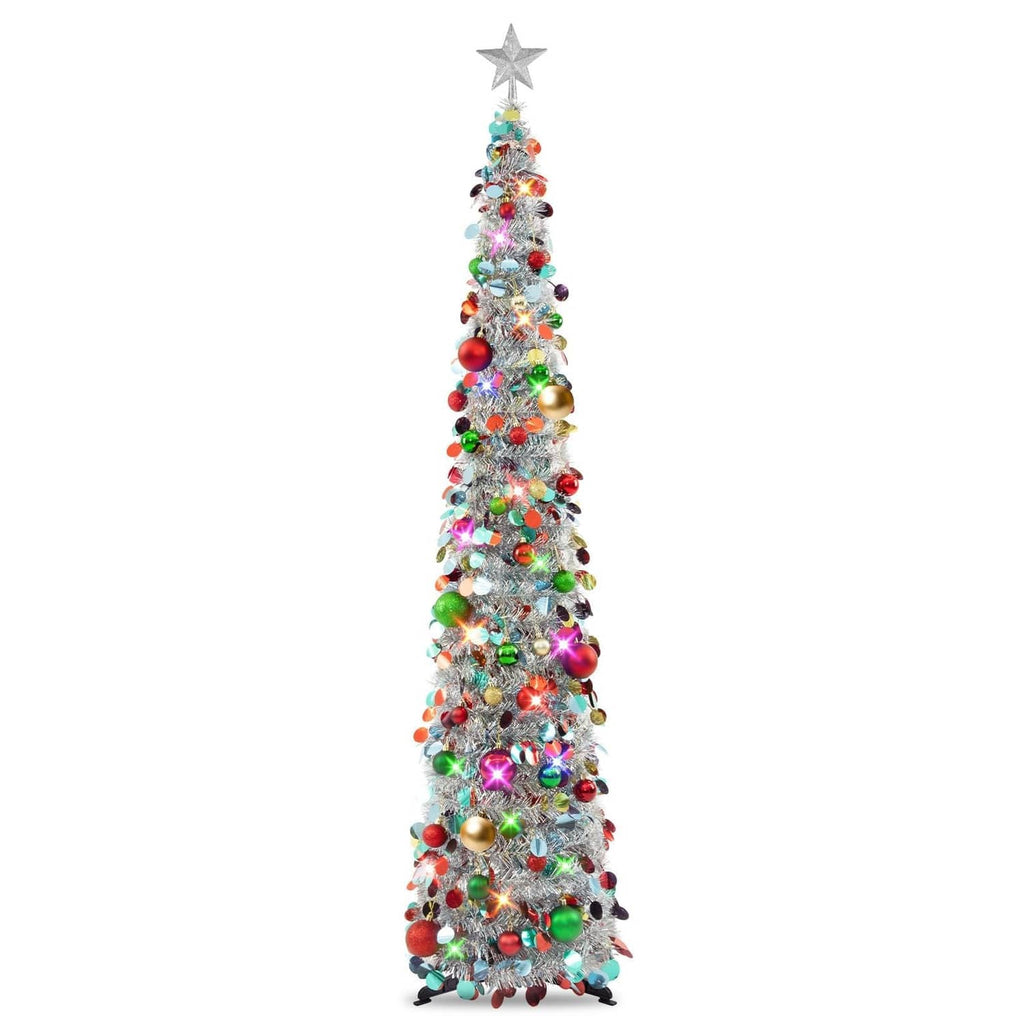 6ft silver tinsel Christmas tree with star topper, multicolor ornaments, and LED lights