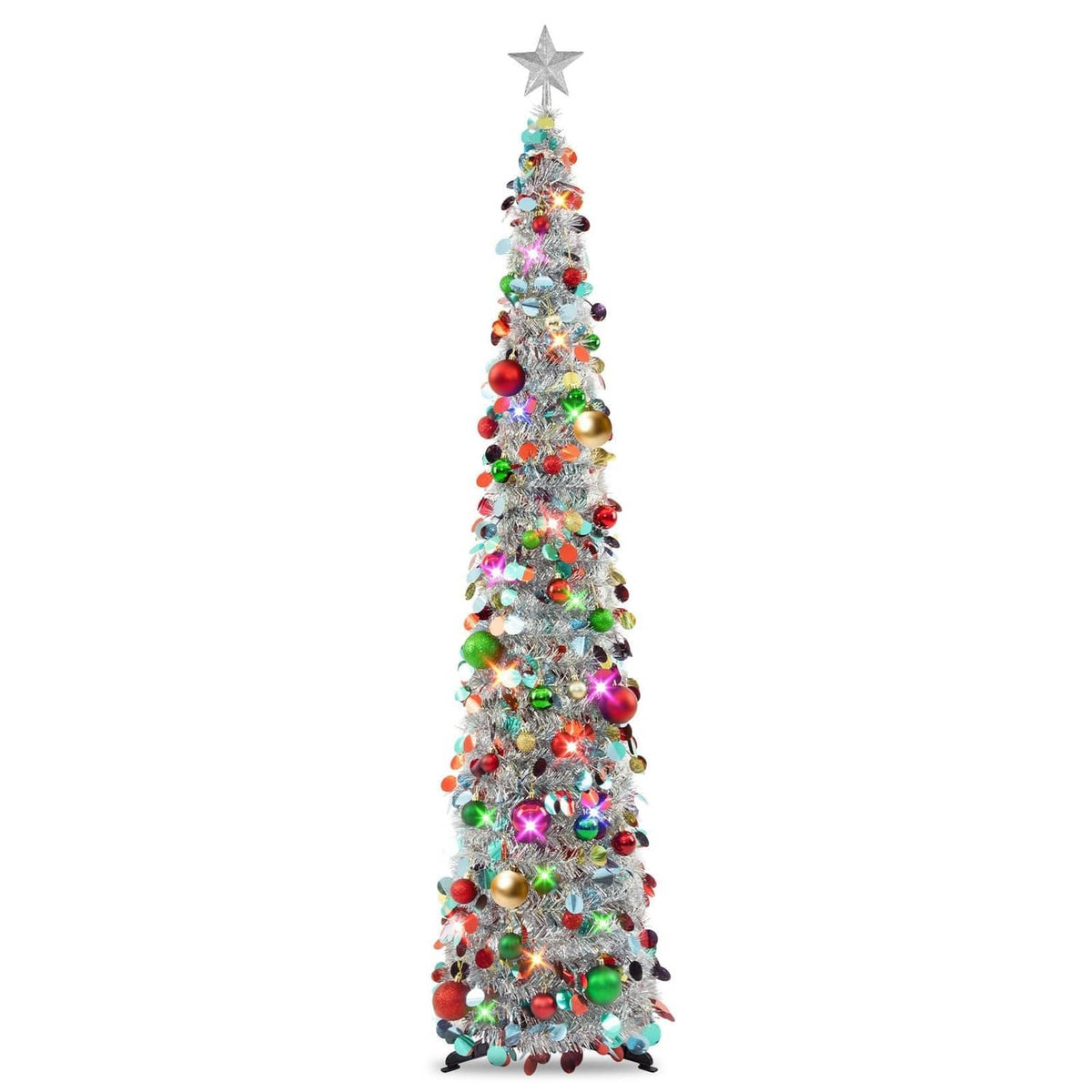 6ft silver tinsel Christmas tree with star topper, multicolor ornaments, and LED lights