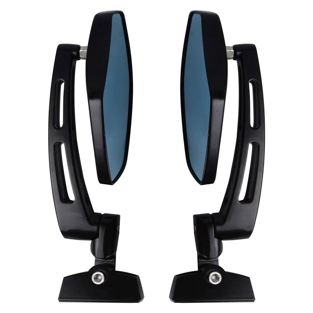 Pair of black motorcycle side mirrors with blue-tinted oval lenses on base stands