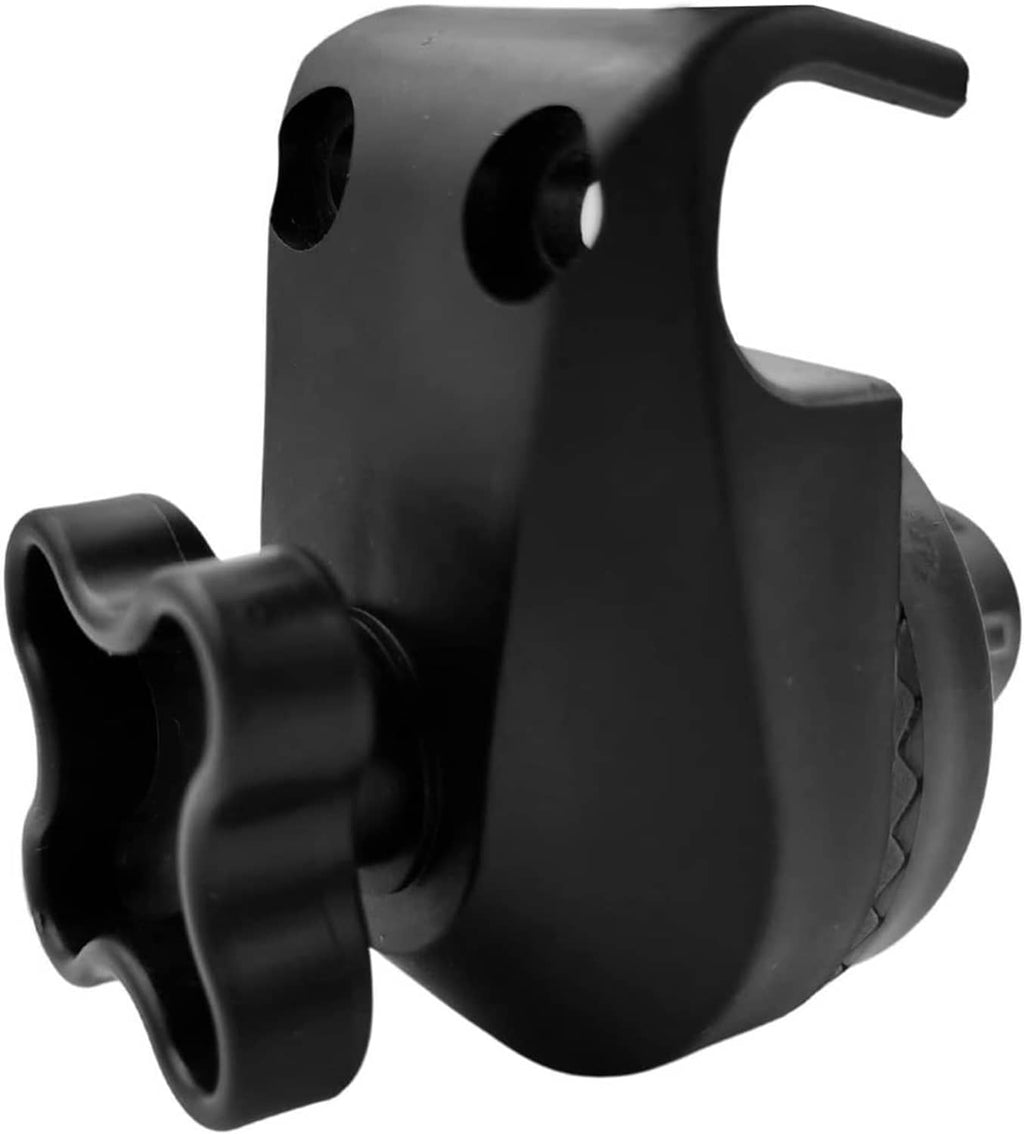 Black plastic swing canopy frame connector fitting with screw hole and side mount