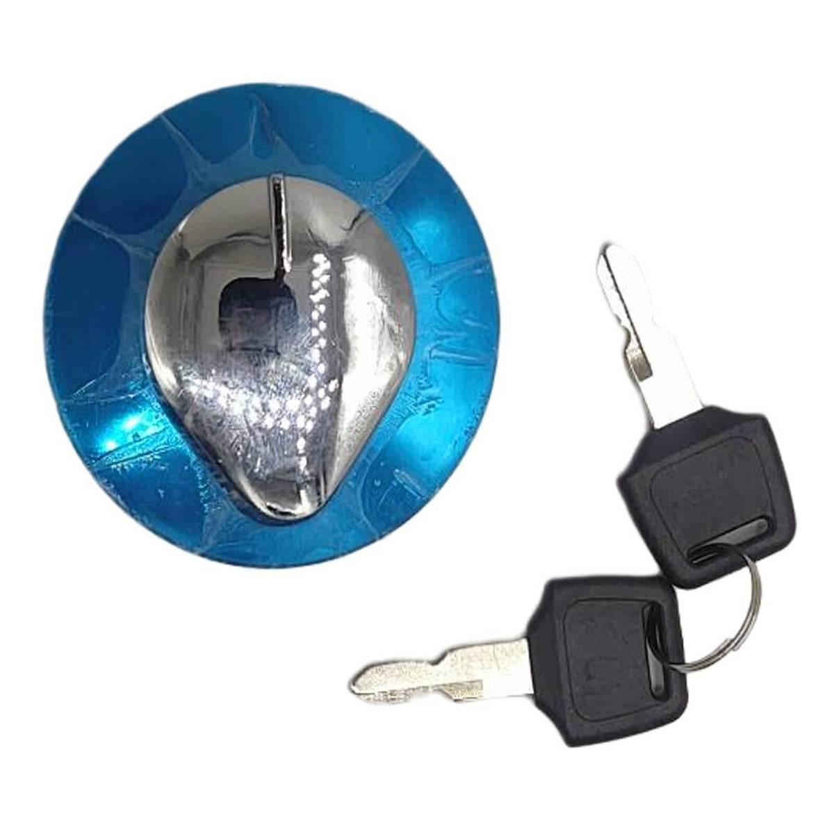 Fuel tank cap with blue base, silver latch, and two keys on rings