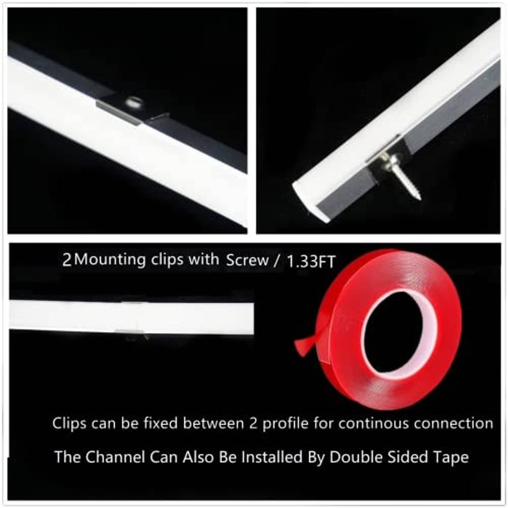 V-shaped LED strip channel mounting: metal clips with screws and double-sided tape roll