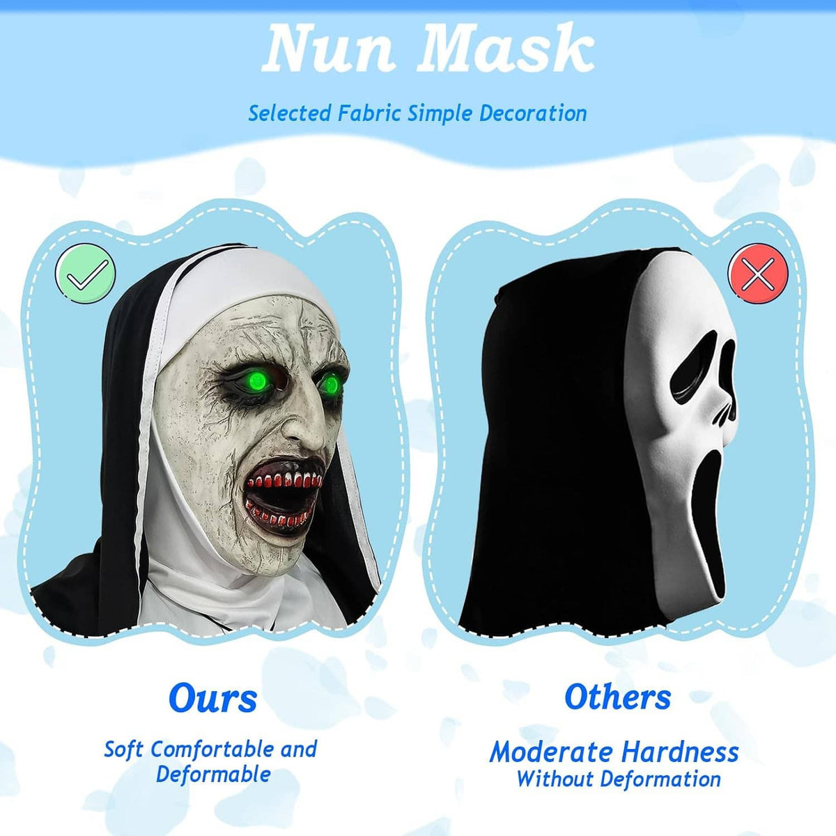 Hooded horror nun head mask, pale cracked face with glowing green eyes, cross pendant