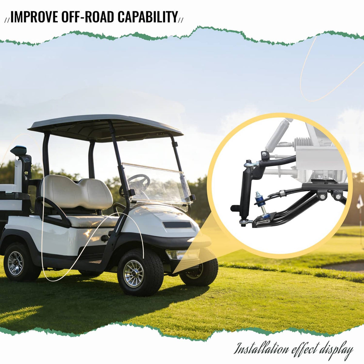 Golf cart side view with front A-arm lift kit shown in inset detail