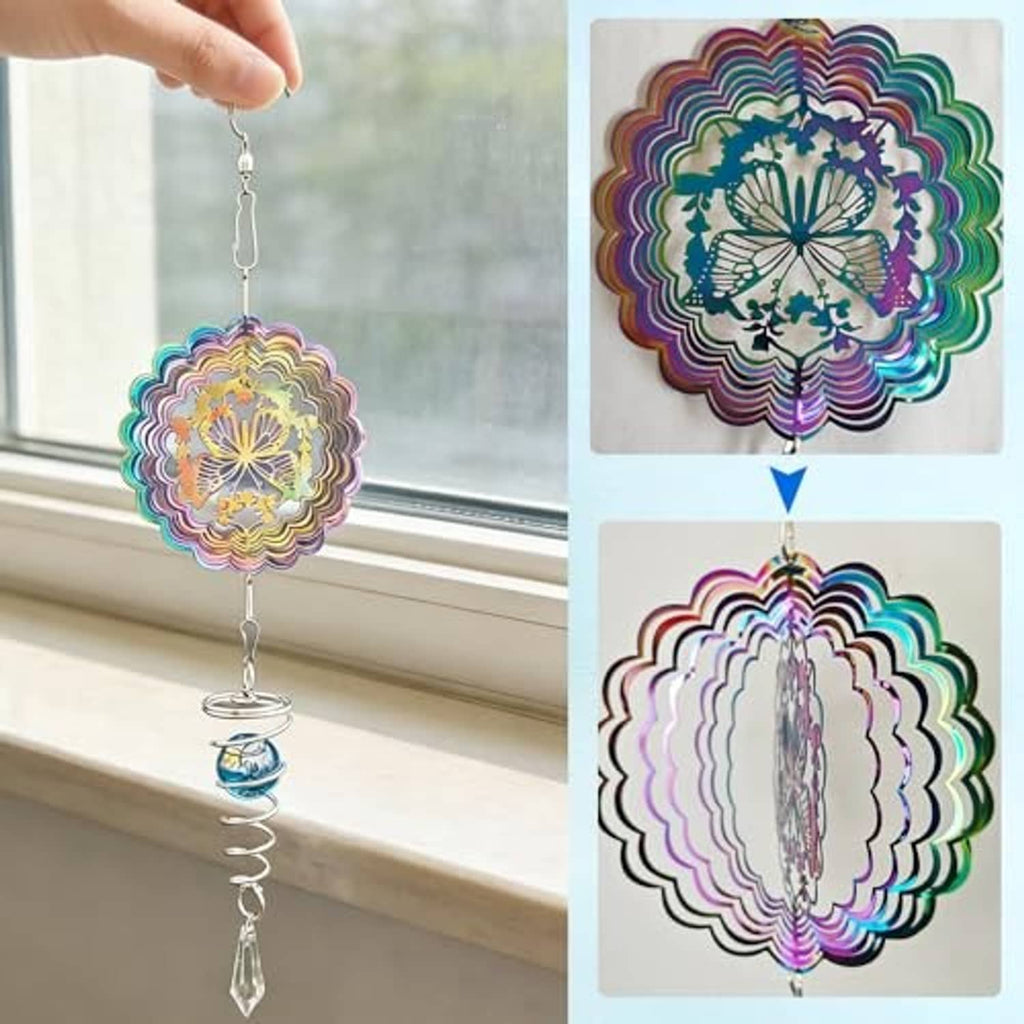 Window-hanging mandala wind spinner with rainbow disc, blue bead, spiral stem, crystal