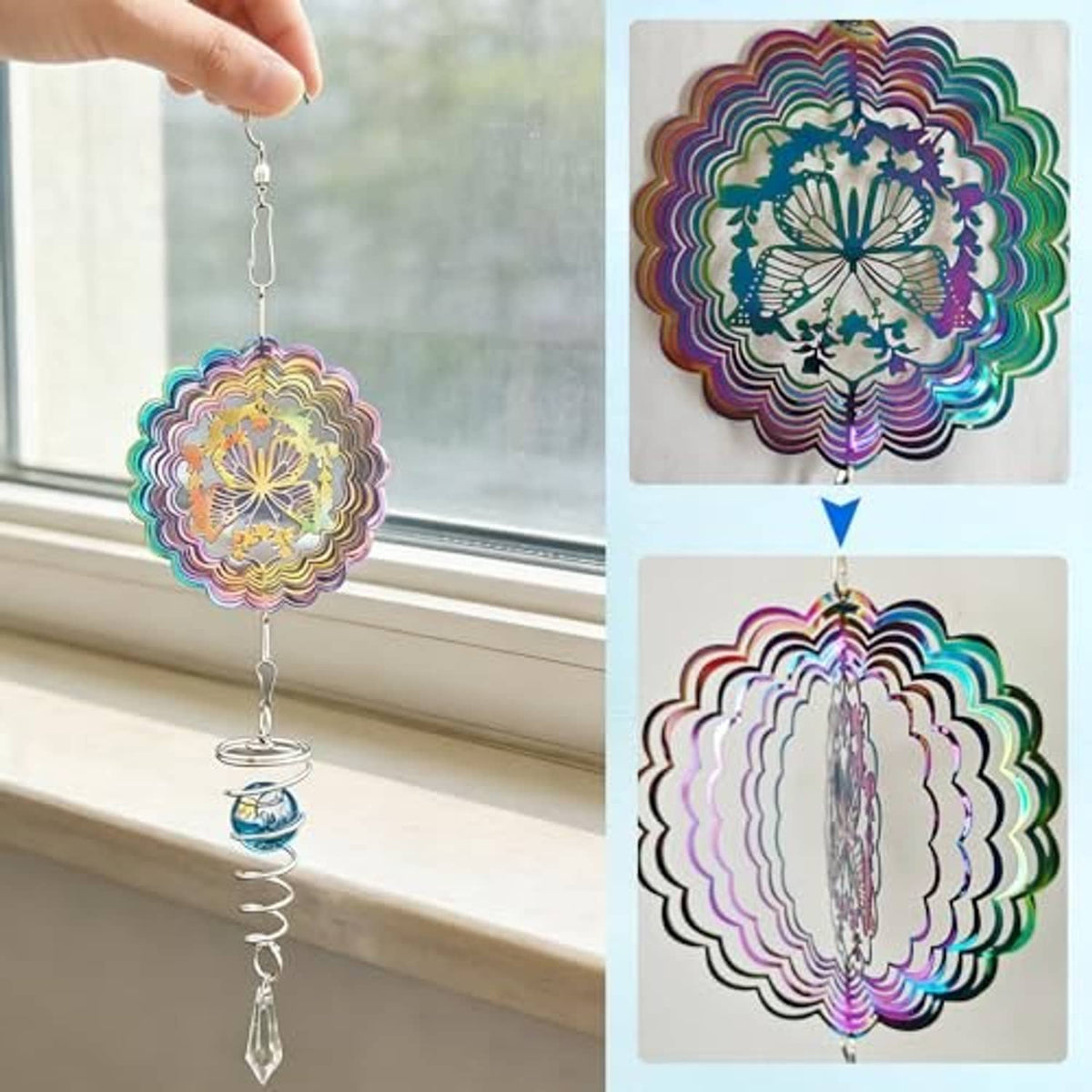Window-hanging mandala wind spinner with rainbow disc, blue bead, spiral stem, crystal