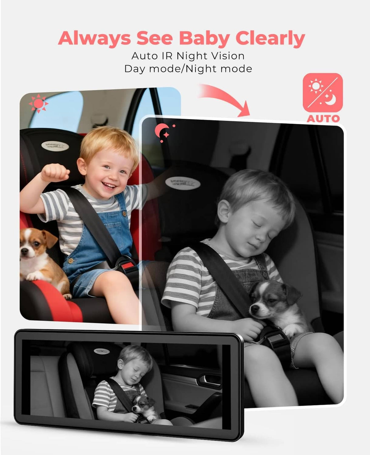 Dual-camera baby monitor showing color and night-vision views of a child