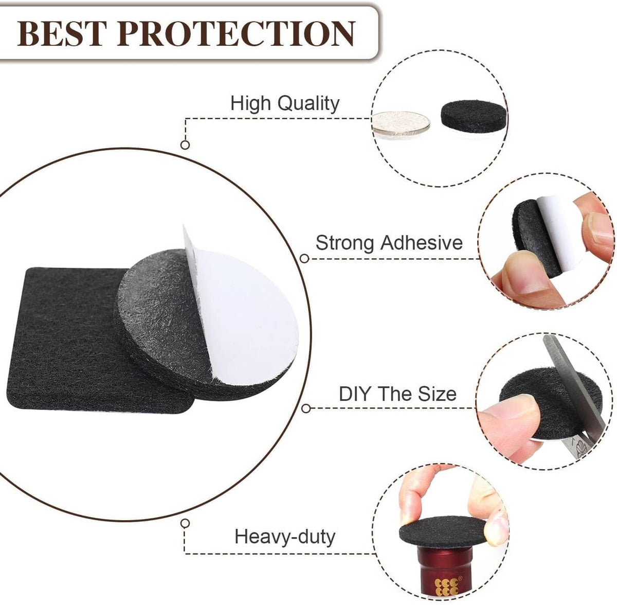 Black felt furniture floor pads, square adhesive protectors for hardwood floors