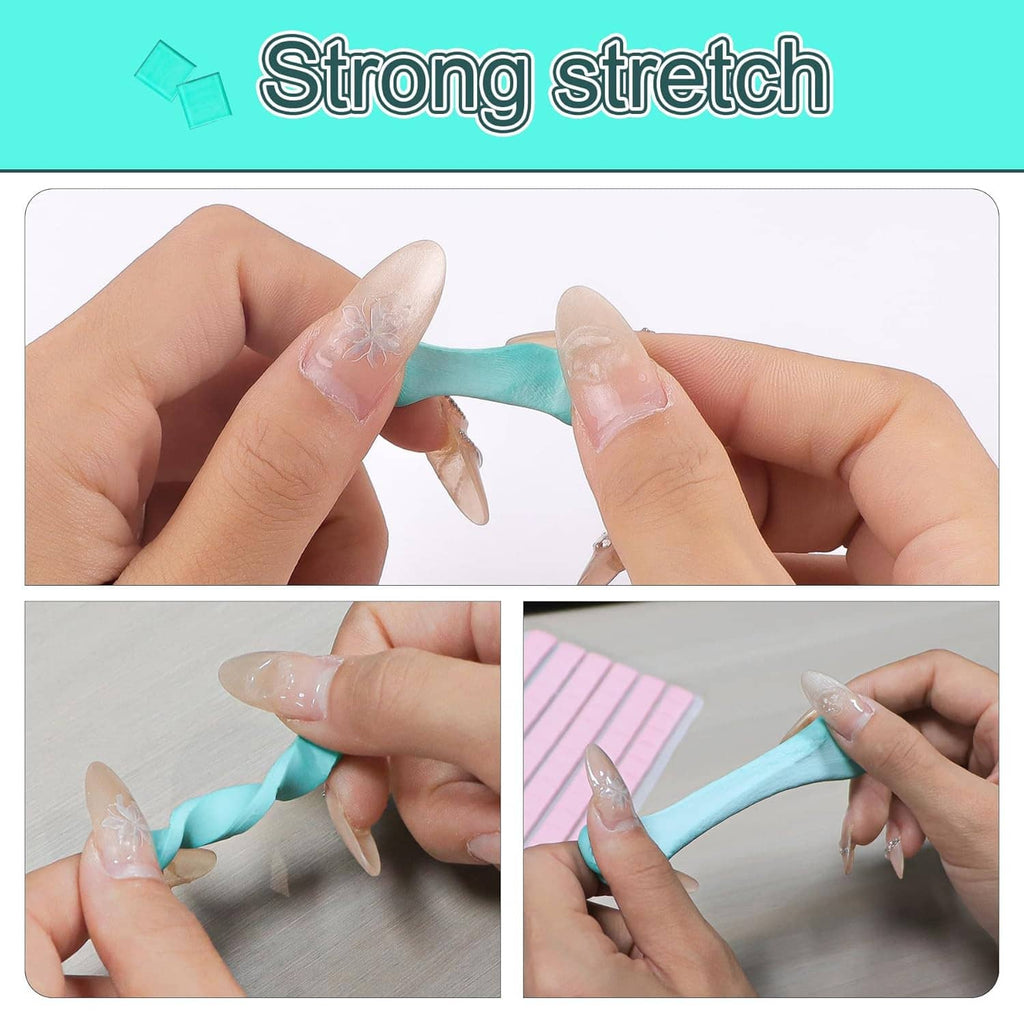 Teal adhesive putty strip stretched in hands for reusable removable sticky tack
