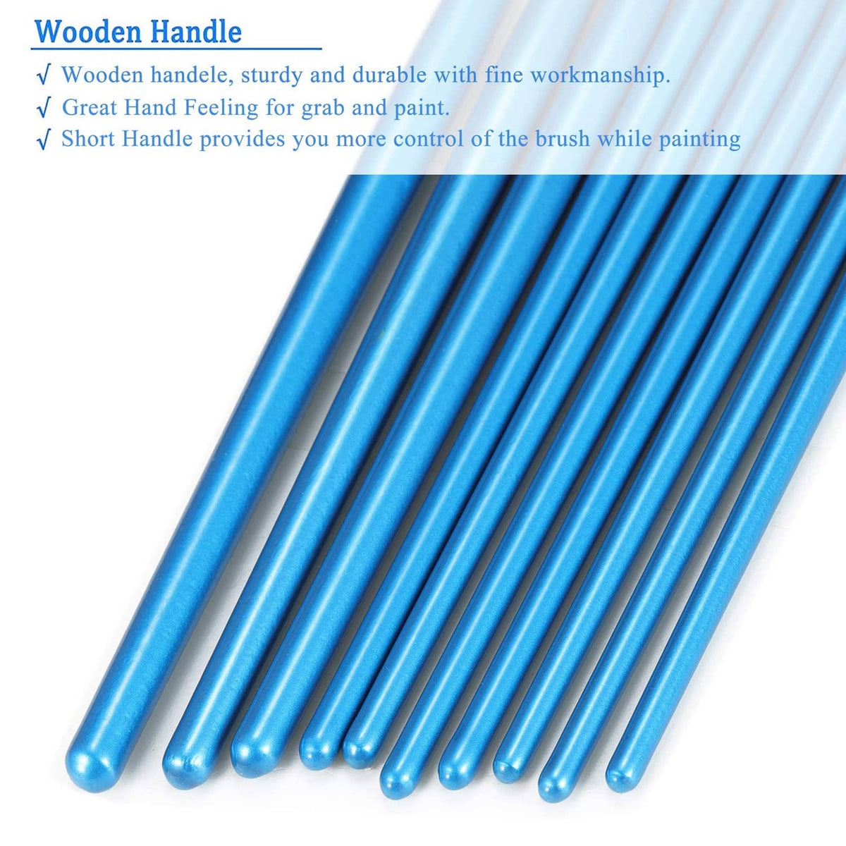 Paint brushes with blue handles and bristle tips, gold accents on multiple brushes