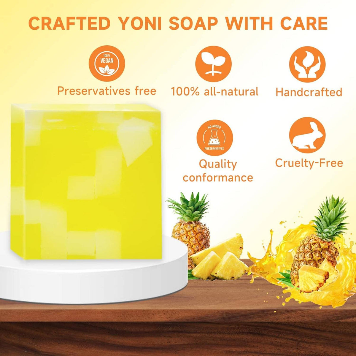 Crafted yellow yoni soap bar with vegan, all-natural, and cruelty-free icons