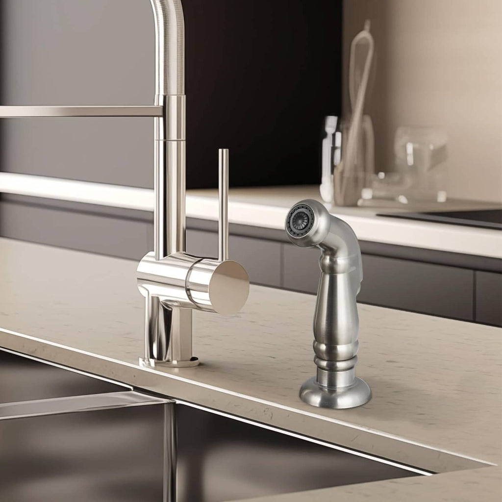 Brushed nickel sink sprayer attachment mounted on a kitchen faucet