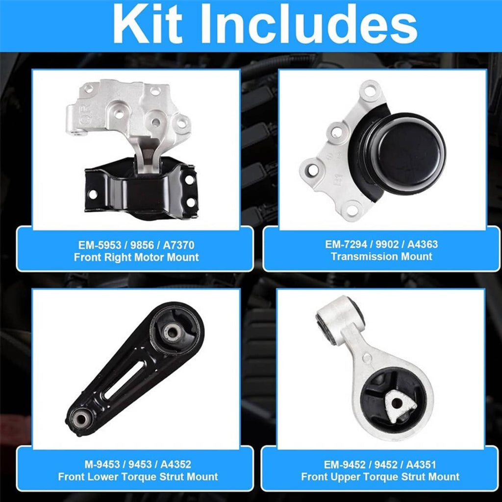 Mount kit includes front right motor mount and transmission mount, four pieces shown